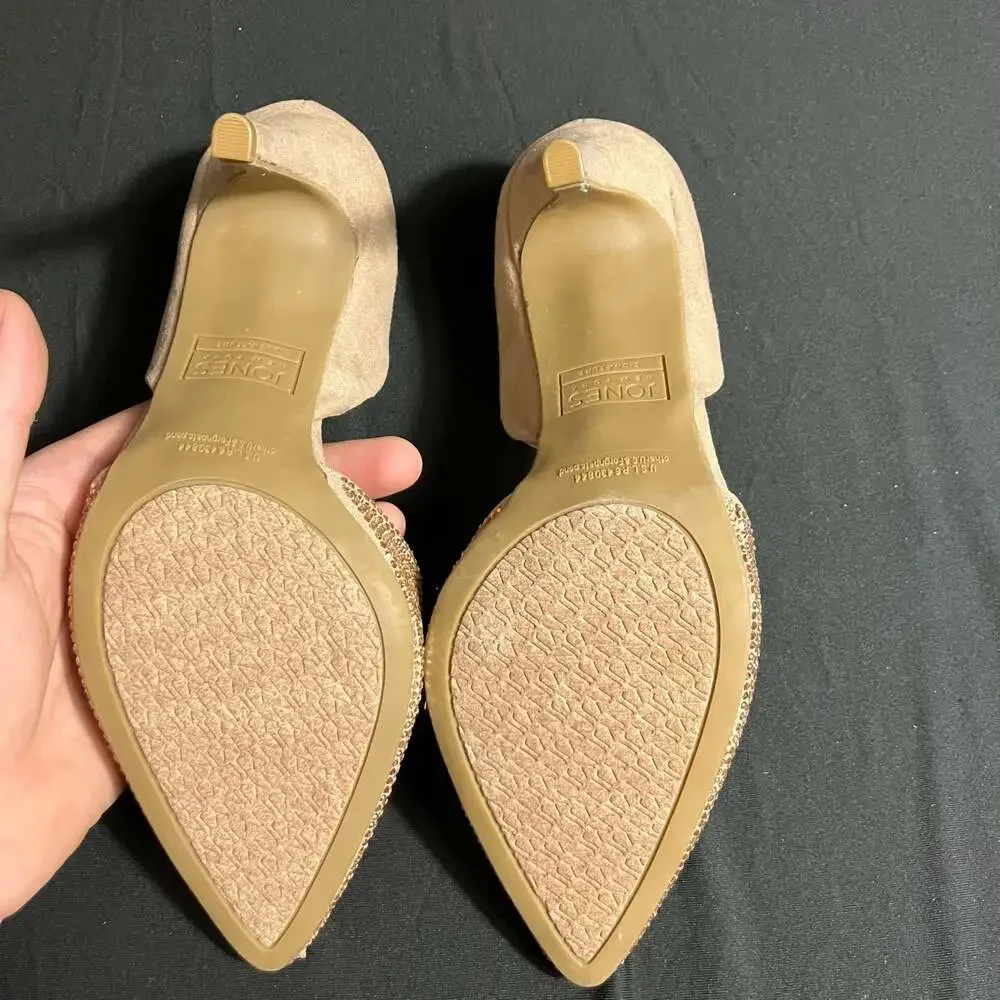 Jones New York Taupe Faux Suede Rhinestone Pointed Toe High Heel Pumps Size 7.5